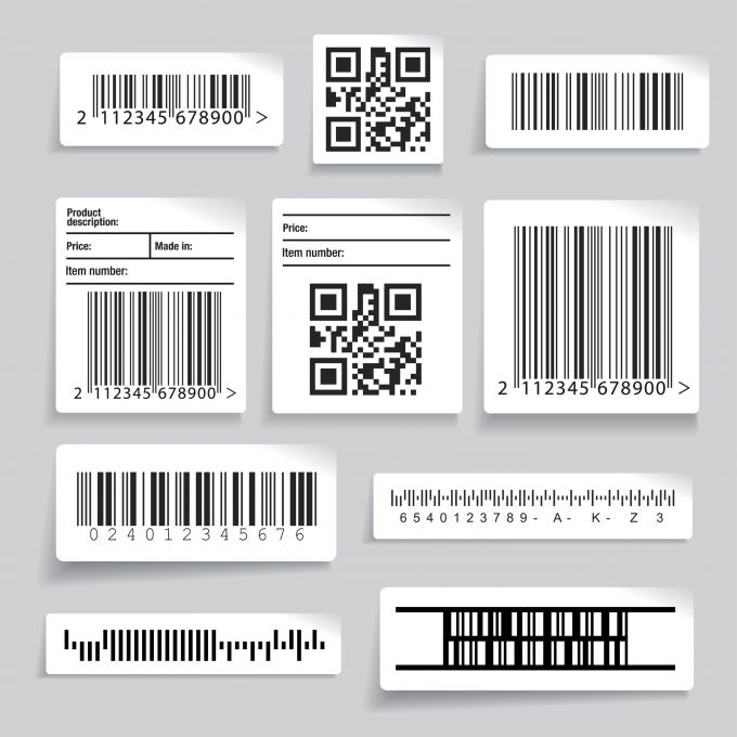 Zehn Barcode-Etiketten mit Strichcode und QR-Code